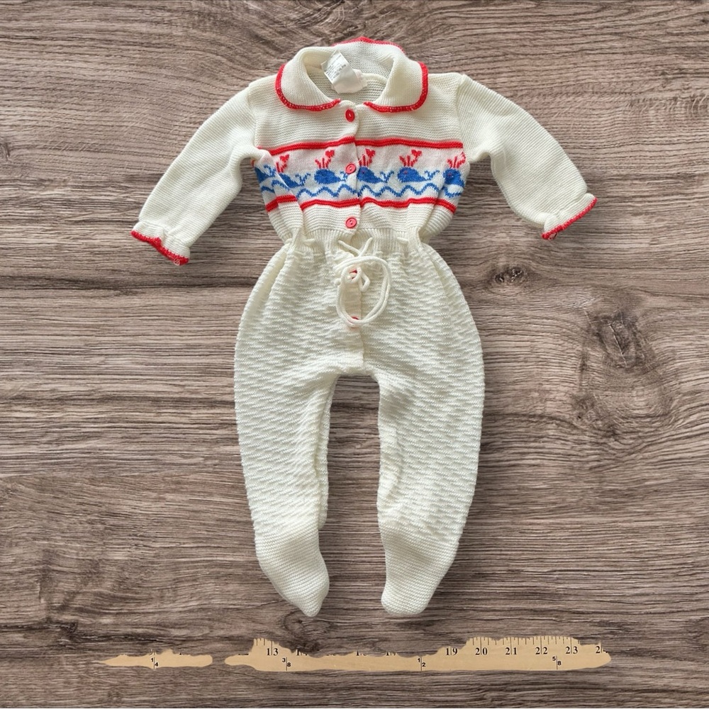 Vintage 1980s Baby Nautical Whale Knit Romper 12‎ Mos Japan